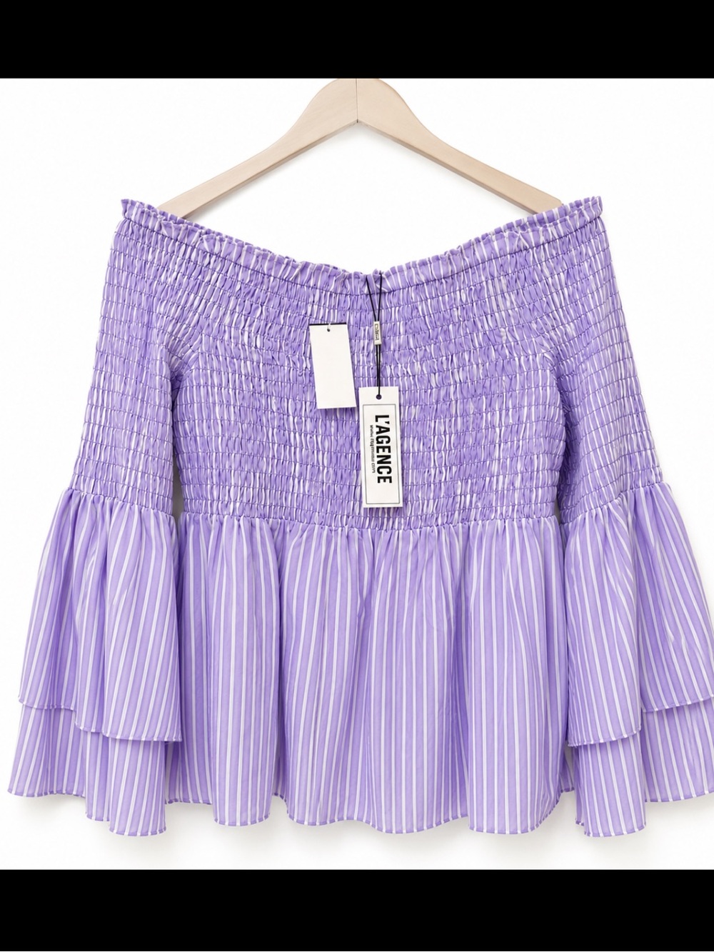 L'AGENCE Lavender Striped Denver Off-Shoulder Blouse NWT size XL - Picture 3 of 7